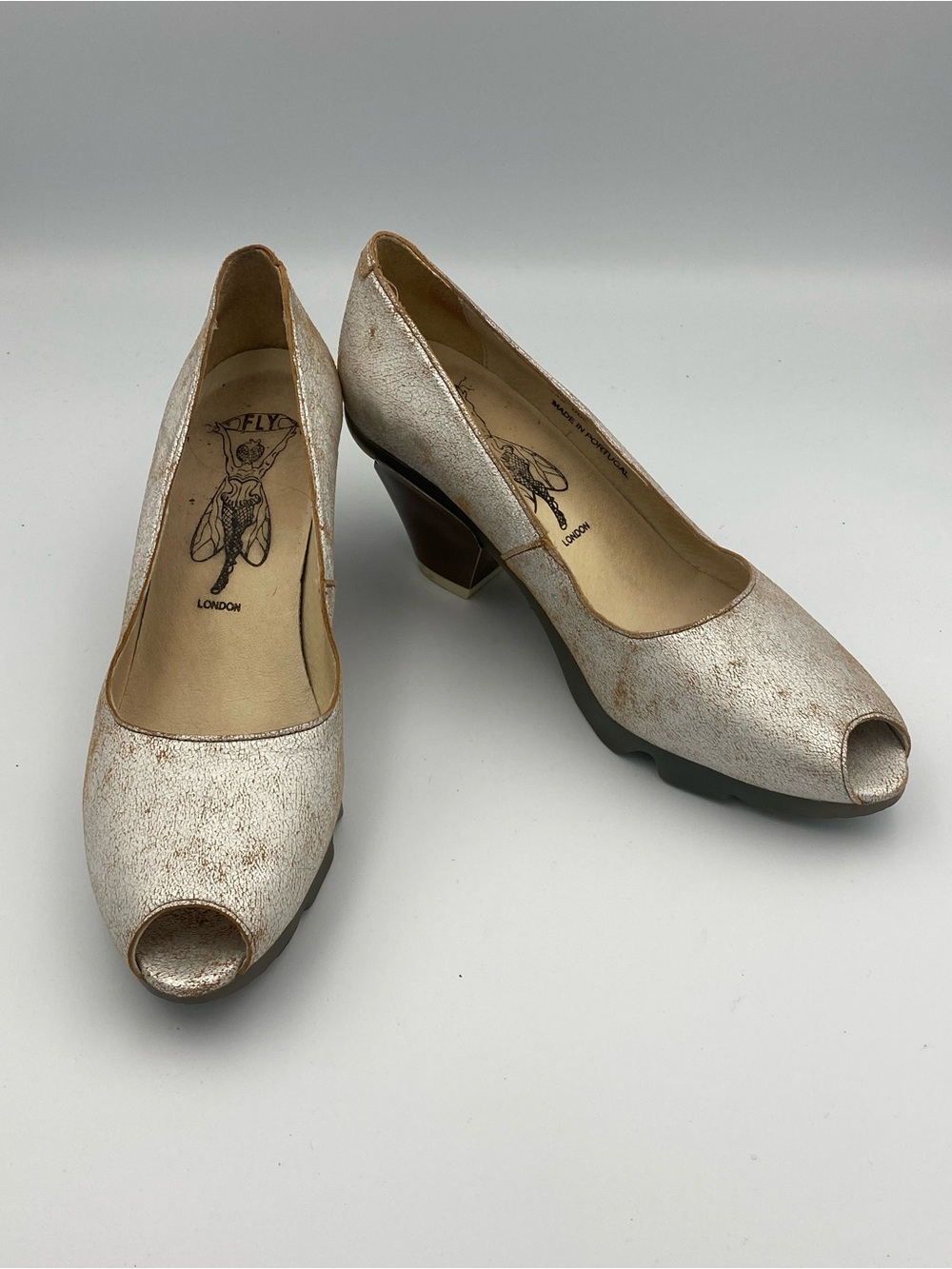 Fly London Women's Metallic Pearl Peep Toe Heels